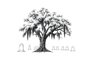 Laurel oak covered in Spanish moss in a cemetery tattoo idea