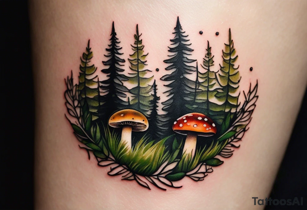 minimalistic forest floor inspired tattoo, which includes grass, moss, curly ferns and dead leaves as the bulk of the tattoo. details to include: forest berries, couple of very small brown mushrooms, a tiny bumblebee flying nearby tattoo idea