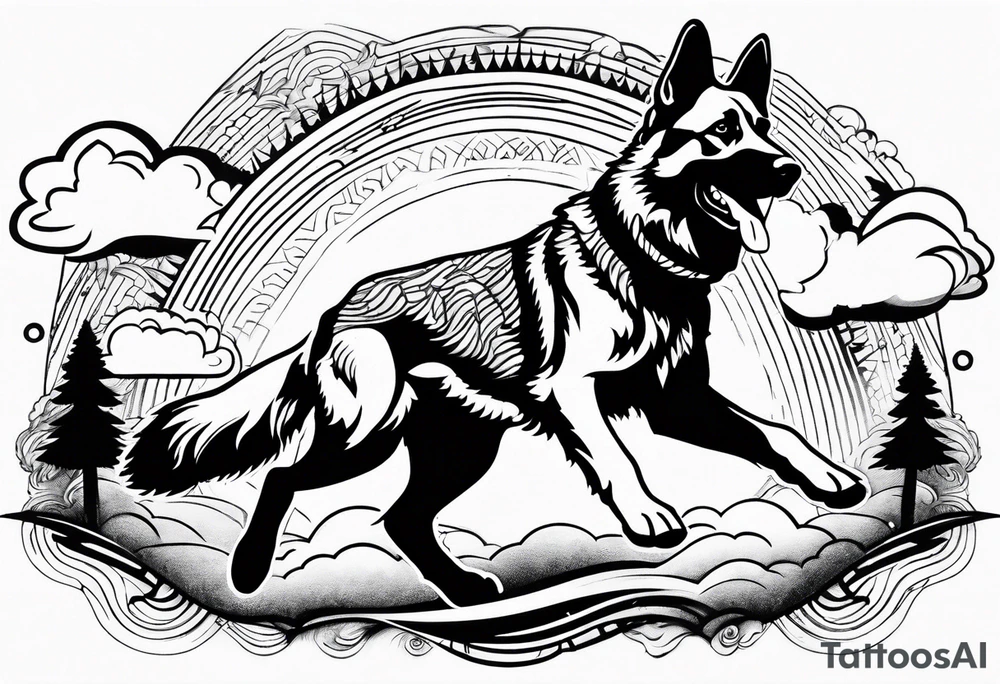 German Shepherd running into the clouds. tattoo idea