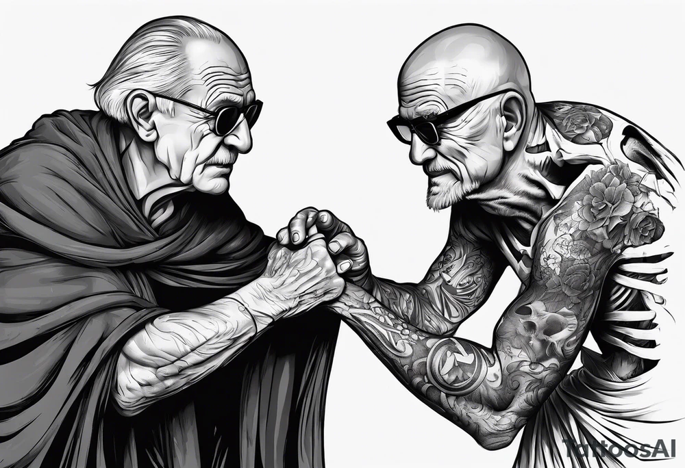 old man in cloak arm wrestling with a skeleton tattoo idea