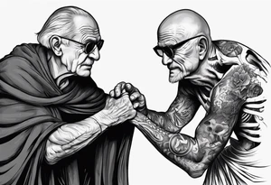 old man in cloak arm wrestling with a skeleton tattoo idea