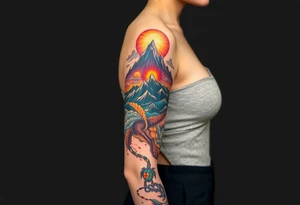 turtle sleeve with mountains, fire, water, air tattoo idea