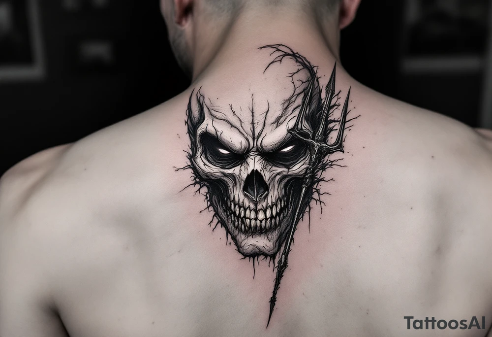 scary face with trident tattoo idea