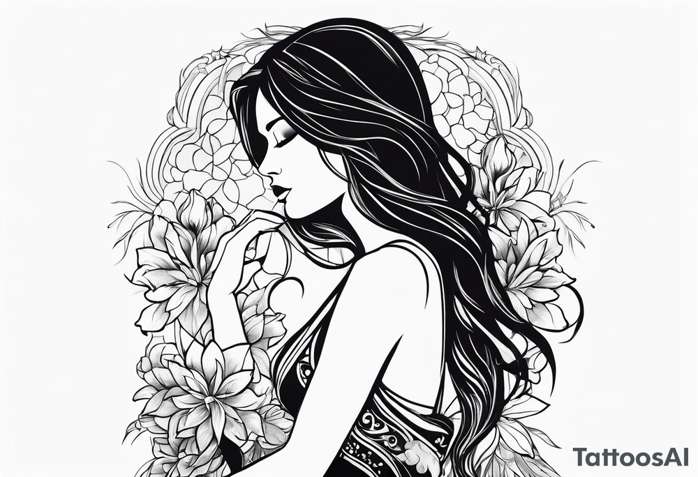 silhouette of a girl with a flower, kneeling tattoo idea
