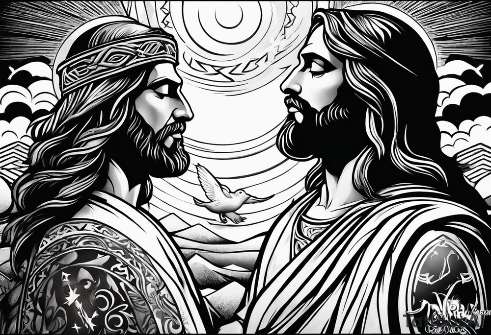 Jesus standing looking down with clouds, sunshine and a dove in the background on the upper arm tattoo idea