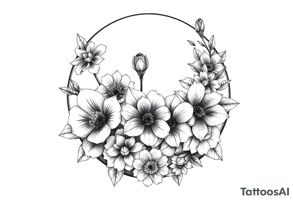 moon-shaped diferent flowers tattoo idea