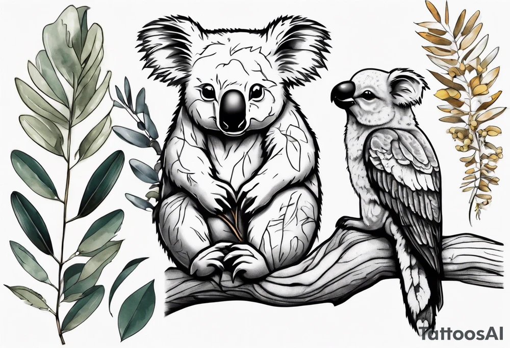 A koala with a kookaburra with eucalyptus leaves and wattle leaves tattoo idea
