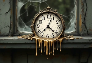 Tim Burton’s melting clock drips over a cracked windowsill, with distorted numbers in antique gold and shadowy gray. tattoo idea