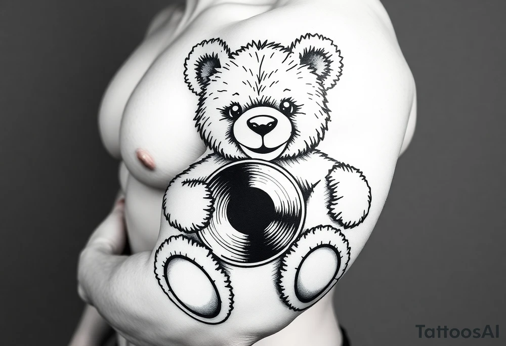 minimalist teddy bear smiling and holding a vinyl record tattoo idea