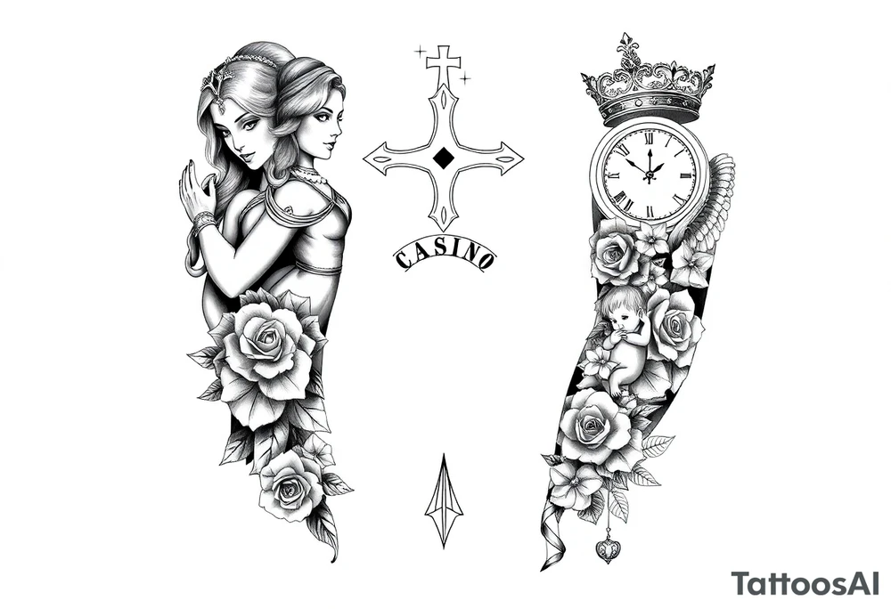 Roulette casino and princess and jesus on cross, baby angels, roses and clock and stars and fish, crown tattoo idea