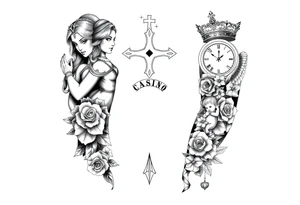 Roulette casino and princess and jesus on cross, baby angels, roses and clock and stars and fish, crown tattoo idea