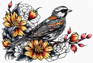 Arm with sparrows and cheysanthemums black only in a Japanese style tattoo idea