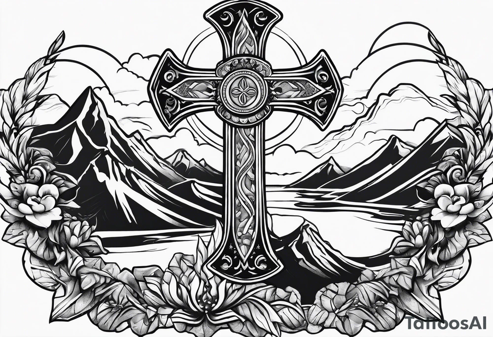 Cross with Mountains and the word "Cala" tattoo idea