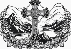 Cross with Mountains and the word "Cala" tattoo idea