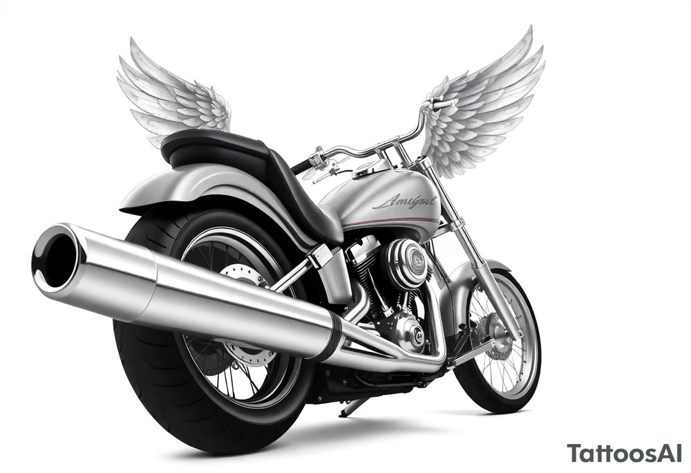 Low rider grey motorcycle, big muffler pipes with flames, angel wings tattoo idea