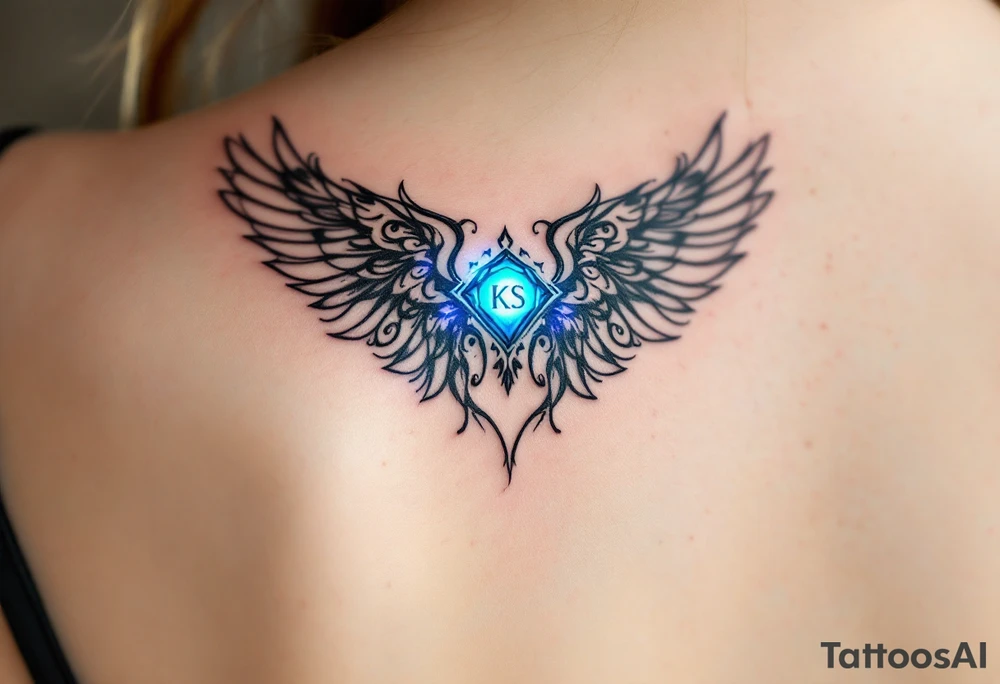 A pair of black ink wings cradling a small, glowing blue gem with the son’s initials KS inside. tattoo idea