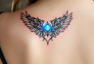 A pair of black ink wings cradling a small, glowing blue gem with the son’s initials KS inside. tattoo idea