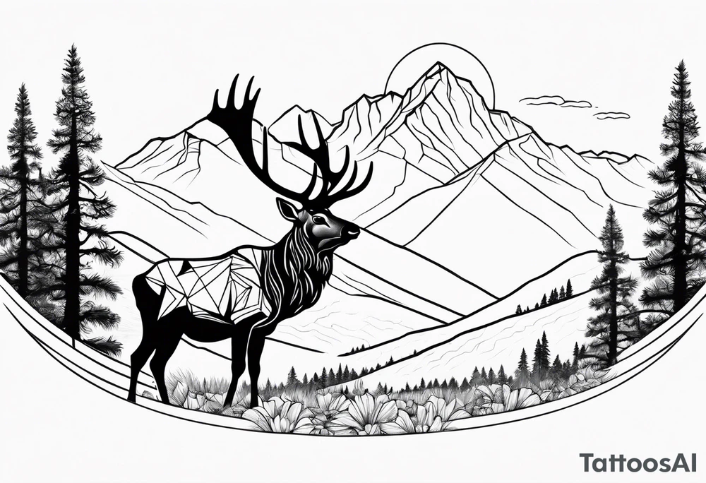 rocky mountains with an elk in a field tattoo idea