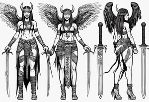 African female Viking valkyre angel smiling full body 
slim long face small mouth long braided hair holding sword tattoo idea