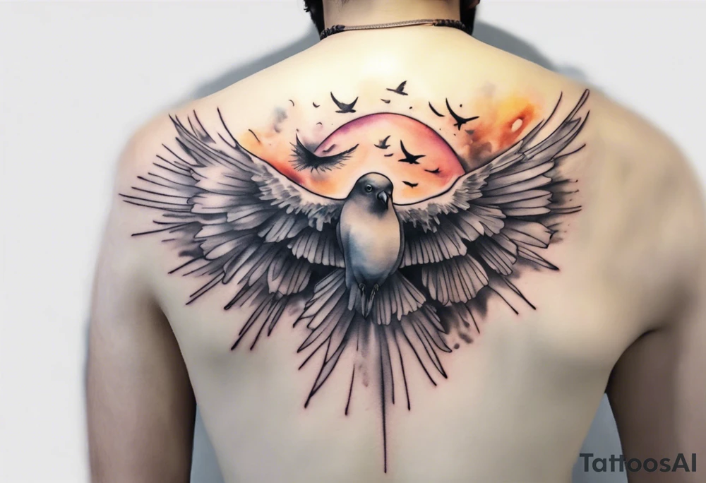 a shoulder tattoo with lots of rays of light in gradient starting from the middle
, clouds and birds flying free tattoo idea