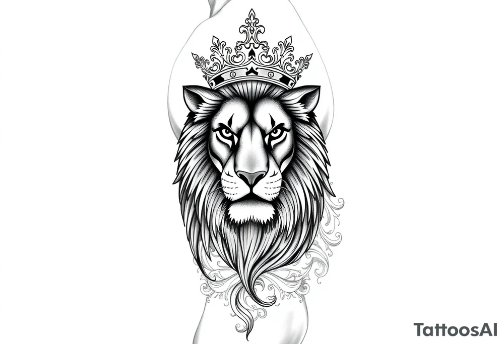 majestic lion wearing ornate crown, surrounded by baroque flourishes tattoo idea