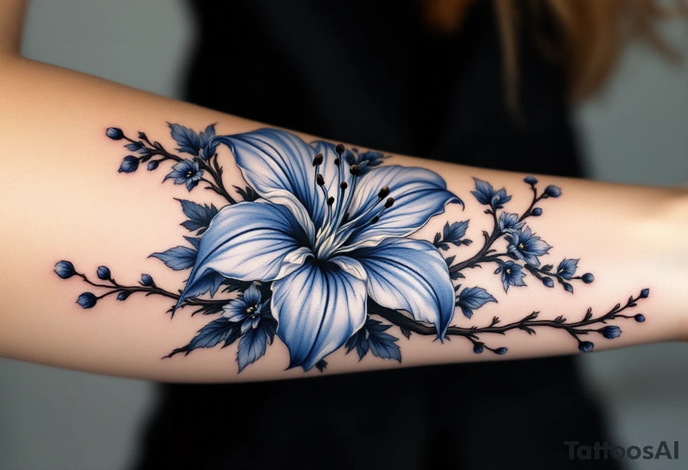 blue spider lily in black and white colours from the anime demon slayer and Cherry Blossoms wrapped around the arm tattoo idea