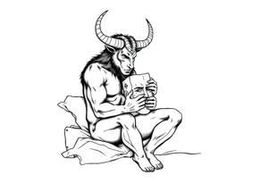 a minotaur holding a mans mask sitting on bed corner looking depressed tattoo idea