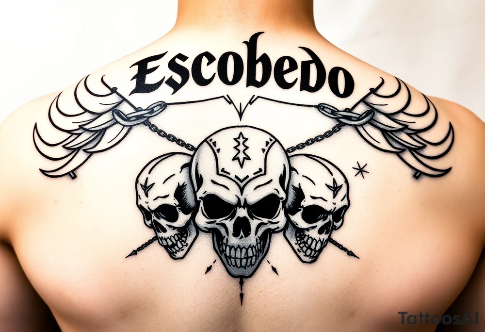 Upper back tattoo in stark emo-punk linework. ‘Escobedo’ carved bold and clean across the shoulders. Black flame arcs rise behind it like wings—sharp, negative space-driven. Between the flames, loose chains drape with motion. Three skulls: cracked on the left, snarling in the center, screaming on the right. Each skull etched with fine Aztec-inspired marks—sunbursts, dots, and sacred lines. No color. No shading. Just fire, bone, and steel inked in symmetry. tattoo idea