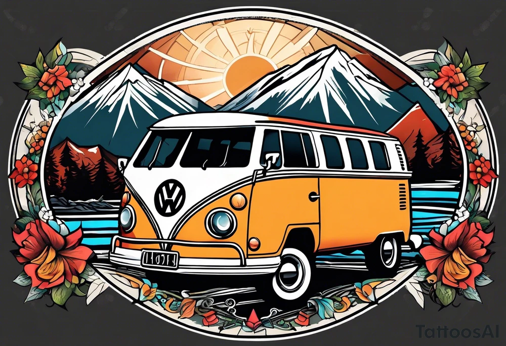 directional Compass rose, mountains and VW Komi campervan tattoo idea