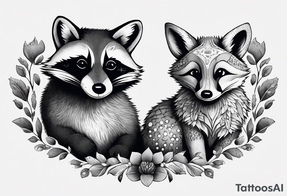 Raccoon and fox stuffed animals playing together tattoo idea