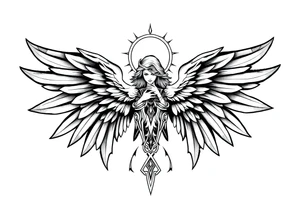 Majestic and powerful archangel wearing a halo, having six wings tattoo idea