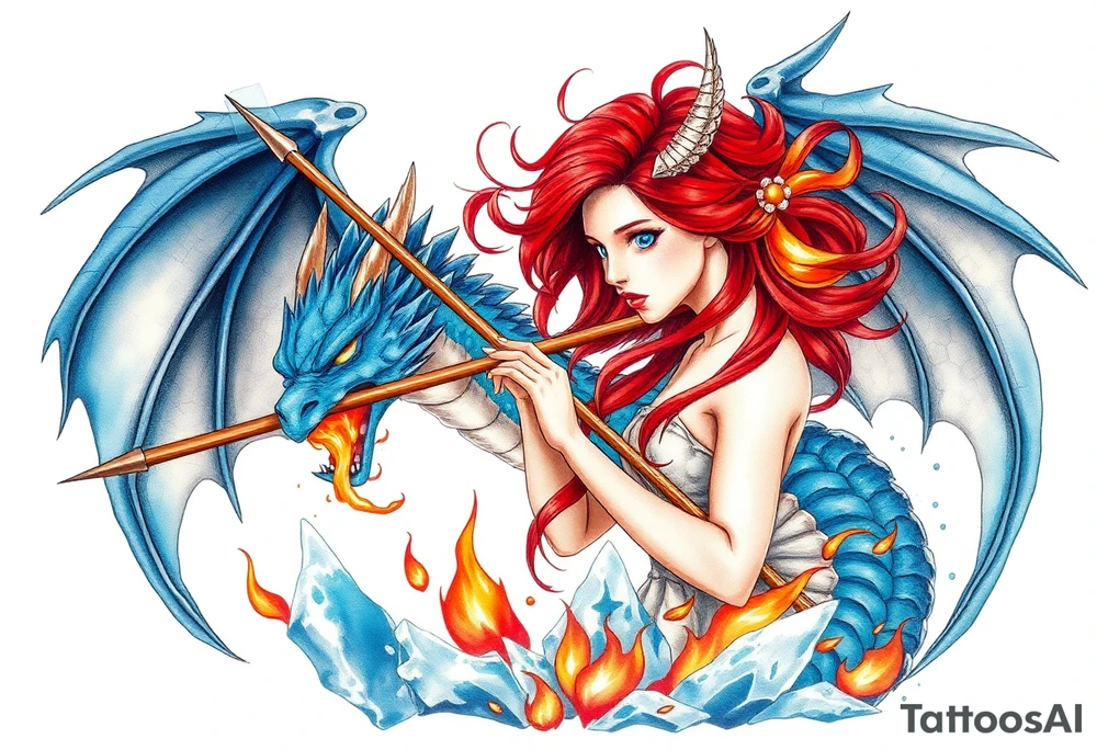 Redheaded girl with a spear through a blue dragon who is breathing fire with wings spread and flying over ice and flames tattoo idea