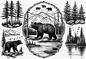 bear, forest, lake, appalachia, arm sleeve tattoo tattoo idea