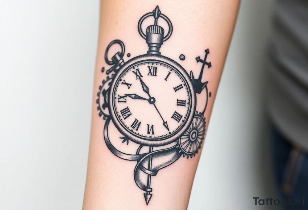 A meaningful tattoo for a 55-year-old man that embodies the themes of fatherhood, time, and integrity. Central to the design is a timepiece (such as a classic pocket watch, sundial, or hourglass) symbolizing his commitment to valuing and managing time despite challenges with focus due to ADD. The design incorporates subtle elements that celebrate his role as a father—perhaps small, meaningful symbols like initials, a family tree, or a compass pointing towards "home" to represent his children. Integrate dynamic elements like flowing sand, gears, or a ribbon of time to capture the feeling of focus and perseverance. The overall style can range from intricate realism to a more abstract or geometric design, depending on his preference.  Add a cross to represent his faith.  for a forearm tattoo idea