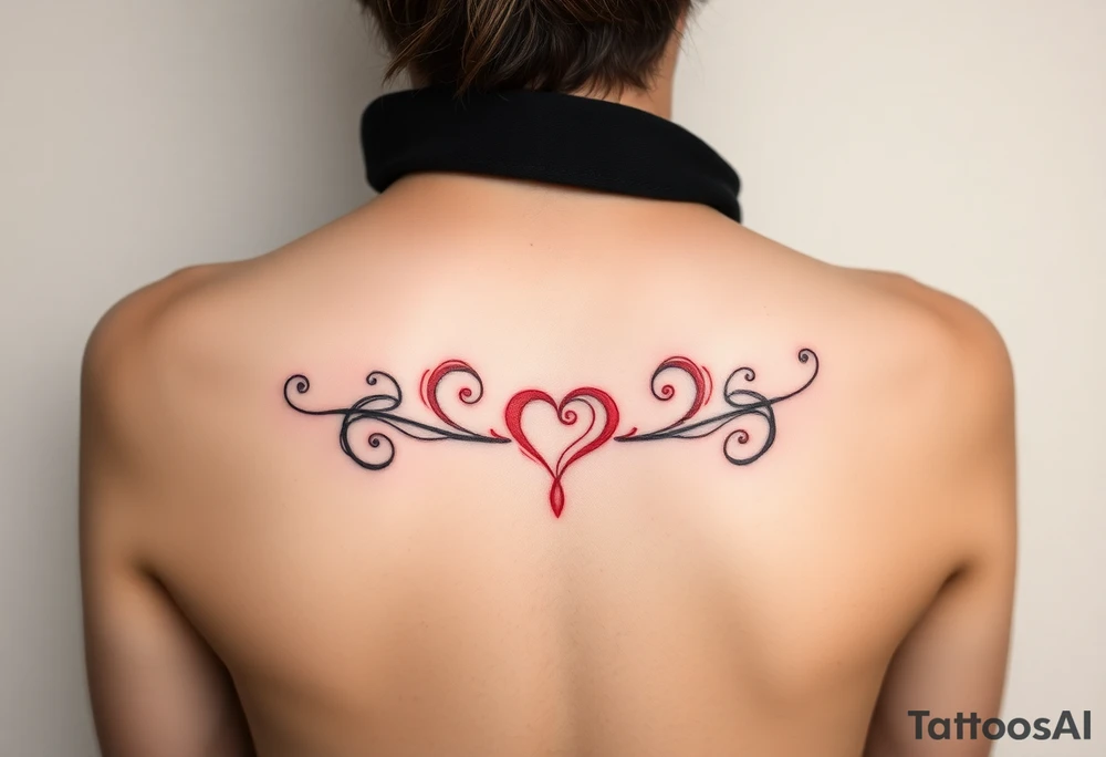 “-... .-. .- . .- .-.. ....... -.. .- .-- --- --- -.. .......” with dainty girly swirl design in red ink on female hip bone front view tattoo idea