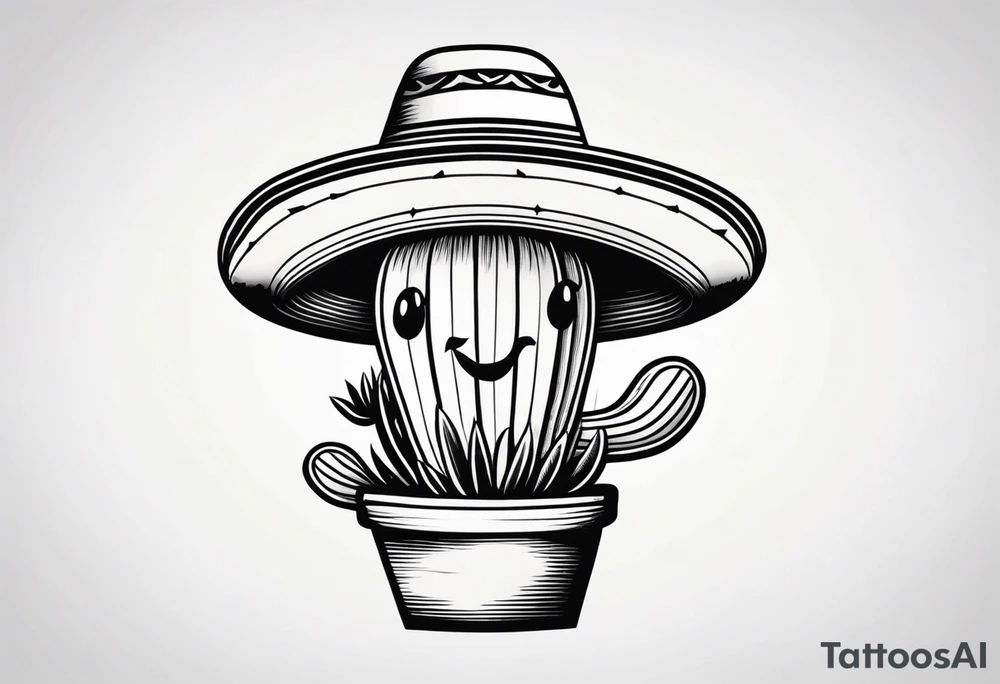 Cactus wearing a sombrero black and grey tattoo idea