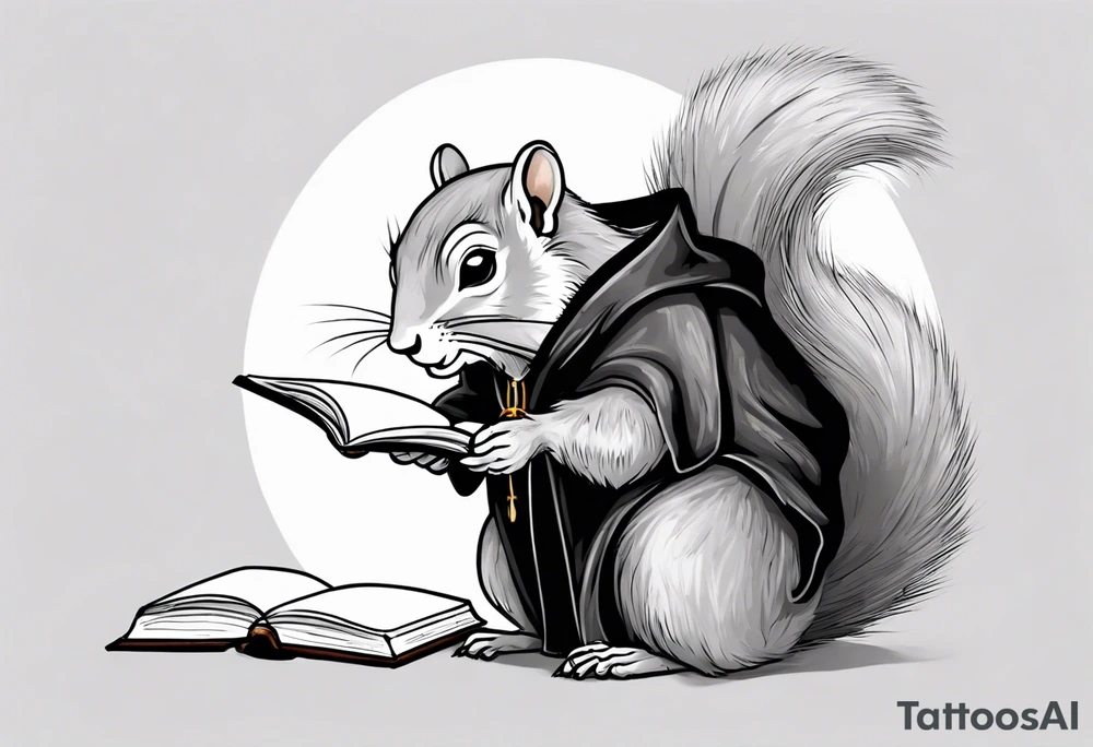 an elderly grey squirrel with a long beard wearing a black robe writing in a journal tattoo idea