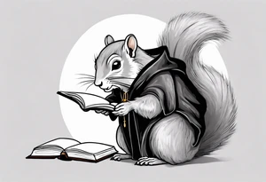 an elderly grey squirrel with a long beard wearing a black robe writing in a journal tattoo idea