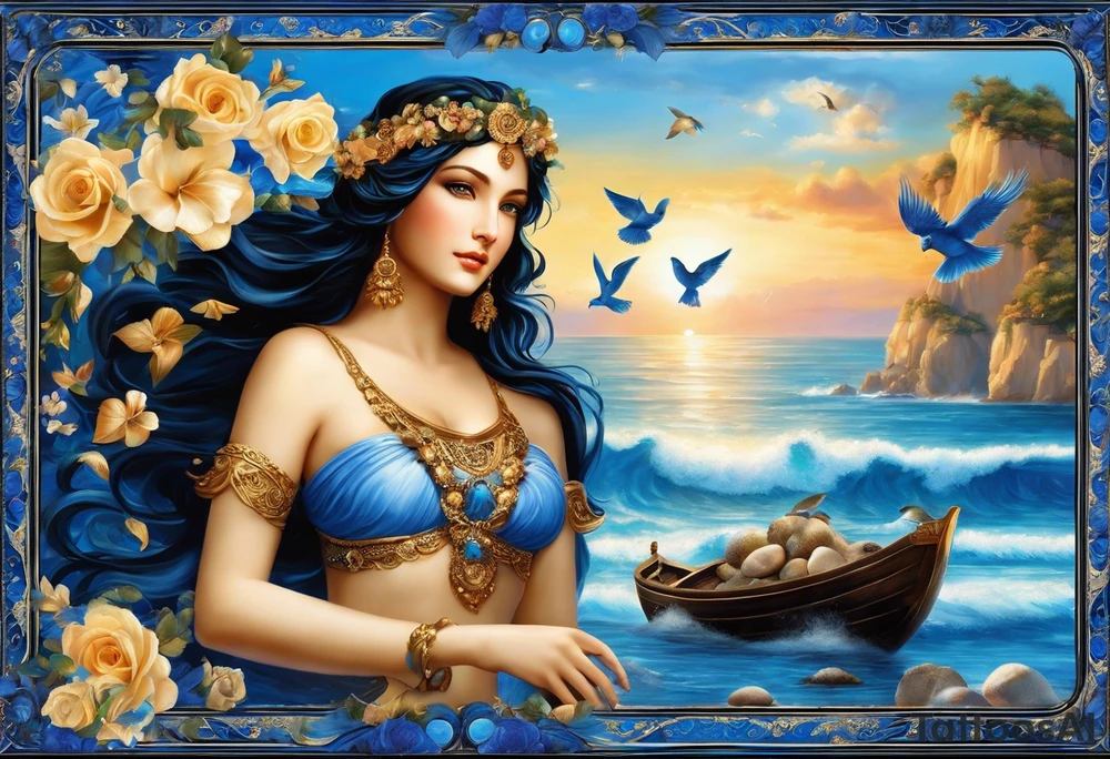 Aphrodite is the goddess of love, with a seaside background, surrounded by birds.. blue roses frames, background blue,present it in a, black hair, love motives, herat,motifs expressing love and the feeling of lovePortrait of Aphrodite: A face or full-length image of the goddess, often in a realistic style, perhaps decorated with flowers, seashells, or doves.

Symbols: Known symbols of Aphrodite include the rose, doves, shells and the mirror. These symbols can be displayed individually or in combination in a tattoo.

Mythological Scenes: Depictions of various mythological stories of Aphrodite, such as her birth from sea foam, as depicted in Botticelli's famous painting ("Birth of Venus").

Flowers: Roses or other flowers often associated with Aphrodite can give a particularly romantic and elegant look to your tattoo.

Mythological elements: Other mythological elements and figures associated with Aphrodite, such as Eros (Cupid), the god of love who is the son of Aphrodite. tattoo idea