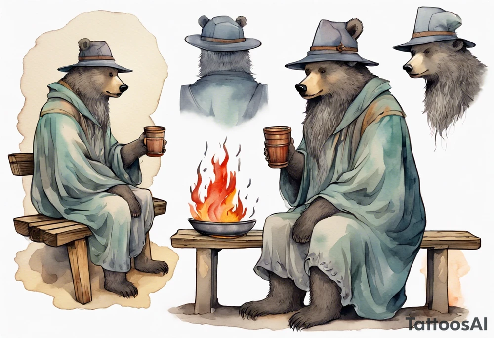 a medieval bear-human hybrid with a long grey beard wearing a tunic and a floppy hat sitting on a bench by a fire drinking from a wood cup tattoo idea