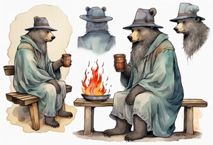a medieval bear-human hybrid with a long grey beard wearing a tunic and a floppy hat sitting on a bench by a fire drinking from a wood cup tattoo idea