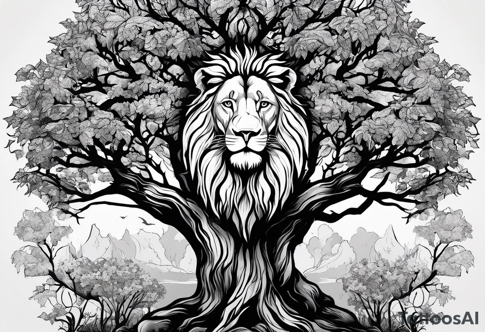 The lion of Judah, which is Jesus Christ, is tied and intertwined within a maple tree. tattoo idea