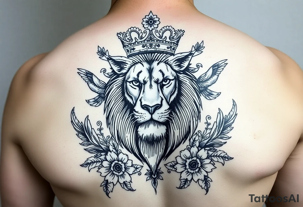 powerful majestic lion with a crown, surrounded by floral ornaments and birds tattoo idea