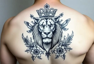 powerful majestic lion with a crown, surrounded by floral ornaments and birds tattoo idea