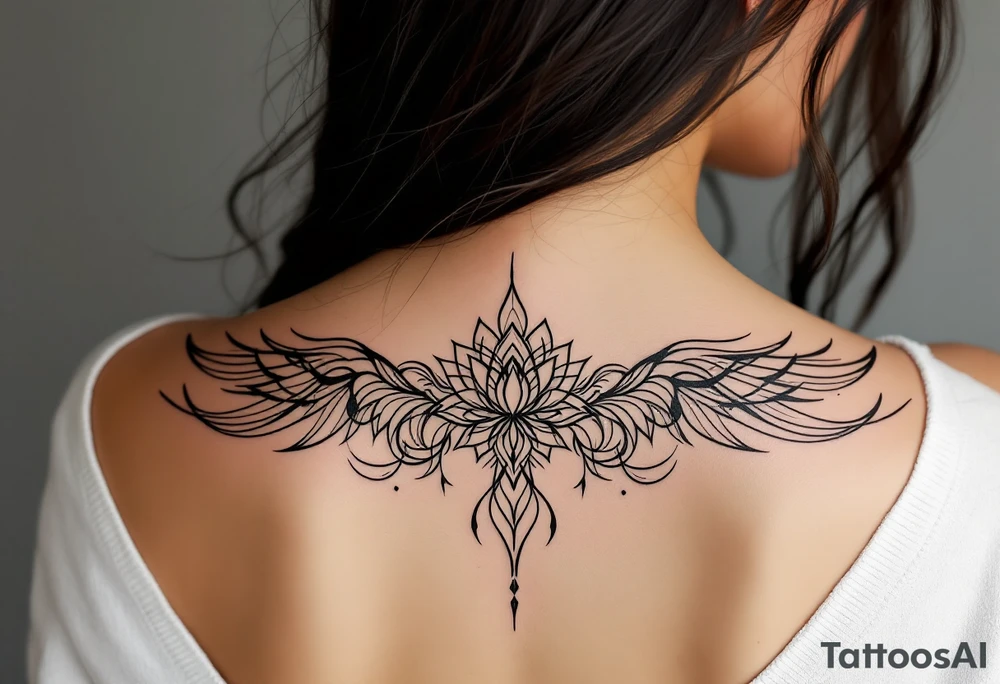 Fine thin lines very small minimalist tattoo combo of phenix and lotus tattoo idea