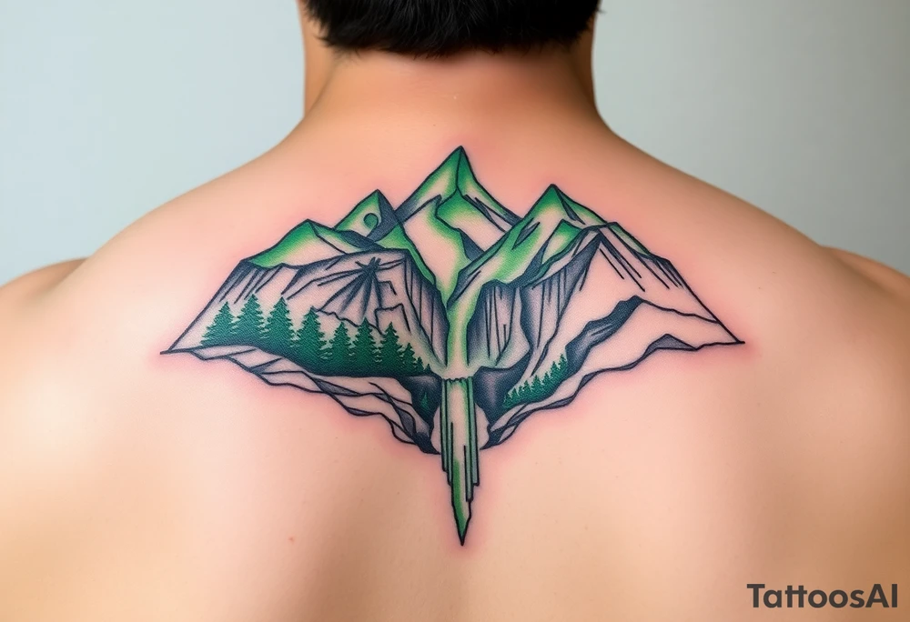 သား  surrounded by a colorful green mountainside with a waterfall tattoo idea