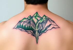 သား  surrounded by a colorful green mountainside with a waterfall tattoo idea