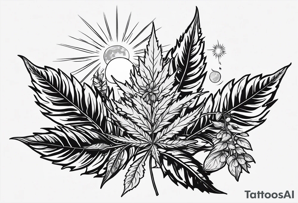 Minimal line art of cannabis plant from base to top with buds blooming. Around it are other plants like pothos leaves and mushrooms about to fruit. Incorporate the solar cycle and lunar cycle tattoo idea