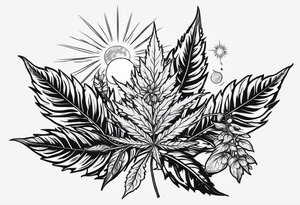 Minimal line art of cannabis plant from base to top with buds blooming. Around it are other plants like pothos leaves and mushrooms about to fruit. Incorporate the solar cycle and lunar cycle tattoo idea