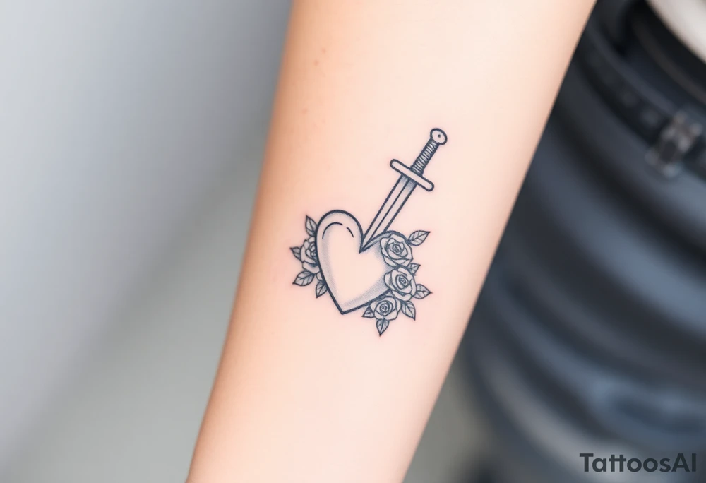 dagger piercing a heart with roses tattoo idea